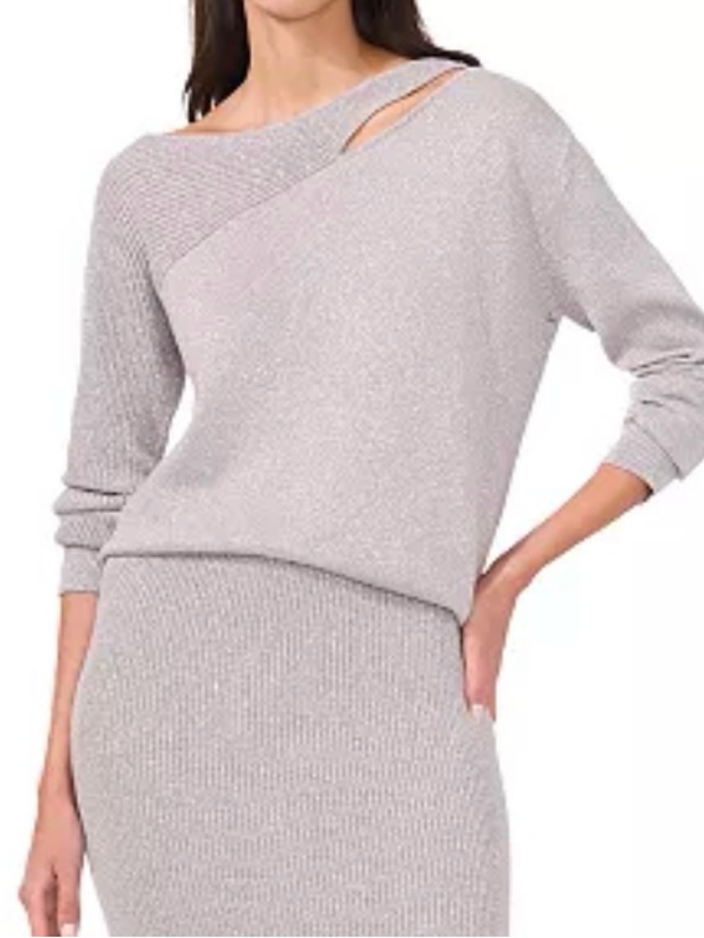 Vince Camuto Metallic Asymmetric Cutout Sweater Silver L NWT